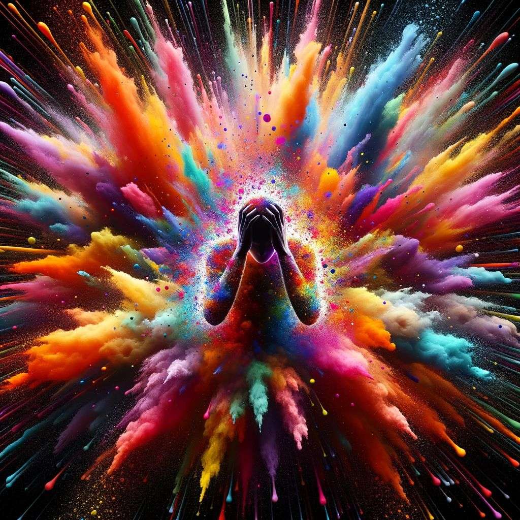 a representation of anxiety, made from a burst of colored powder, digital art